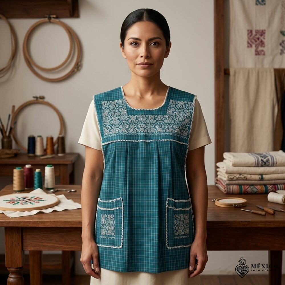 Traditional Mexican Cross-Stitch Embroidered Apron – Deluxe Artisan Smock Style